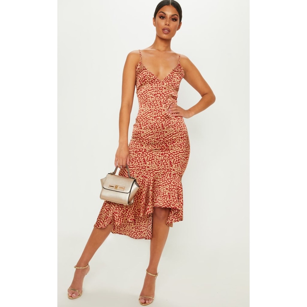 Red Leopard Print Frill Hem Midi Dress